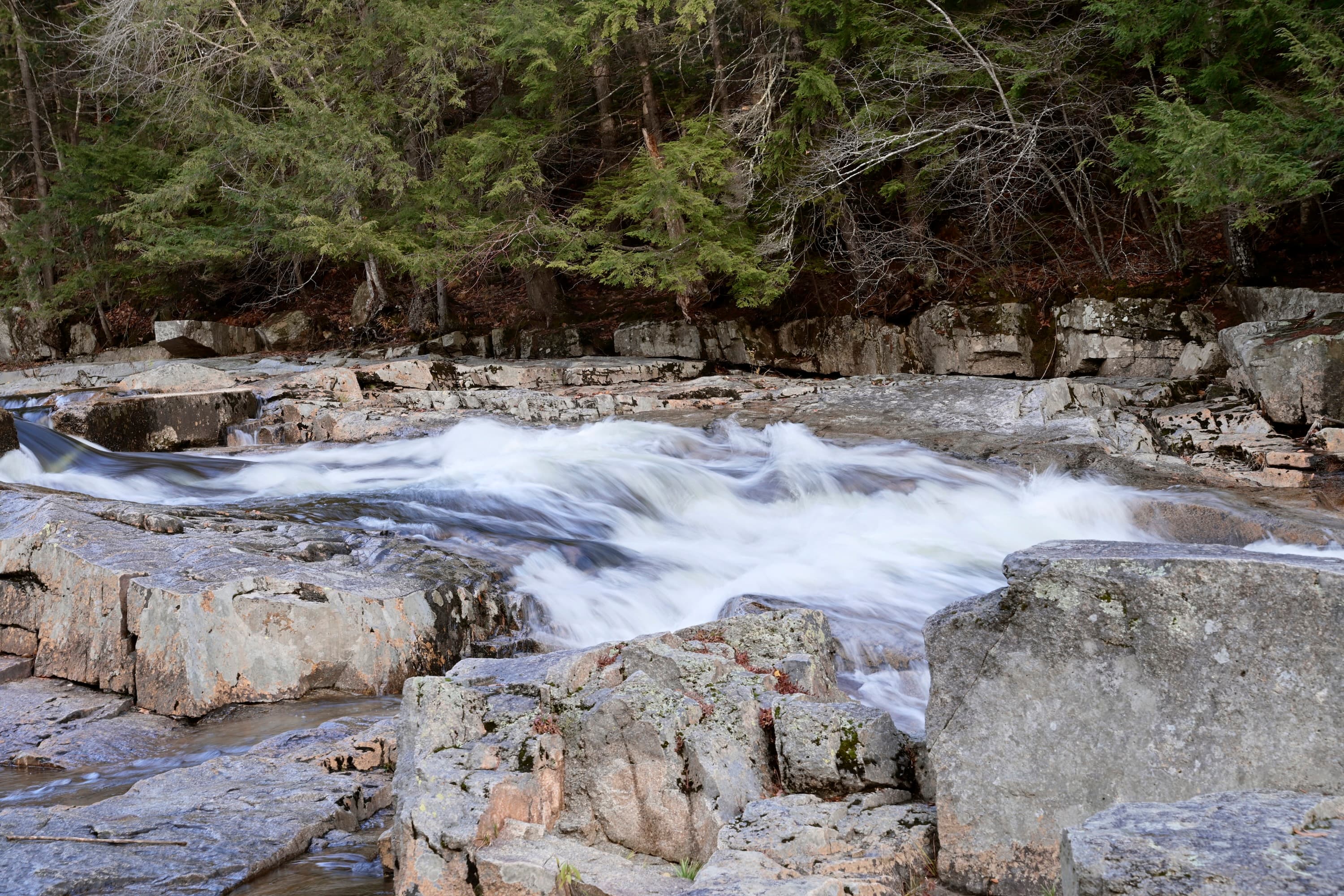 Whitewater rapids rushing over granite ledges on a forest-lined river